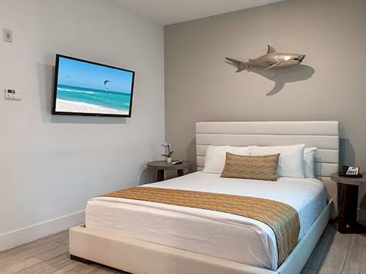 A modern bedroom with a bed, wall-mounted TV, shark decor, and bedside tables.