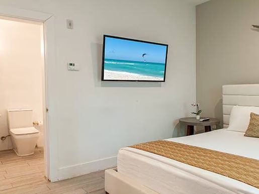 A modern hotel room features a bed, wall-mounted TV, and visible bathroom with a toilet, sink, and blue curtain.