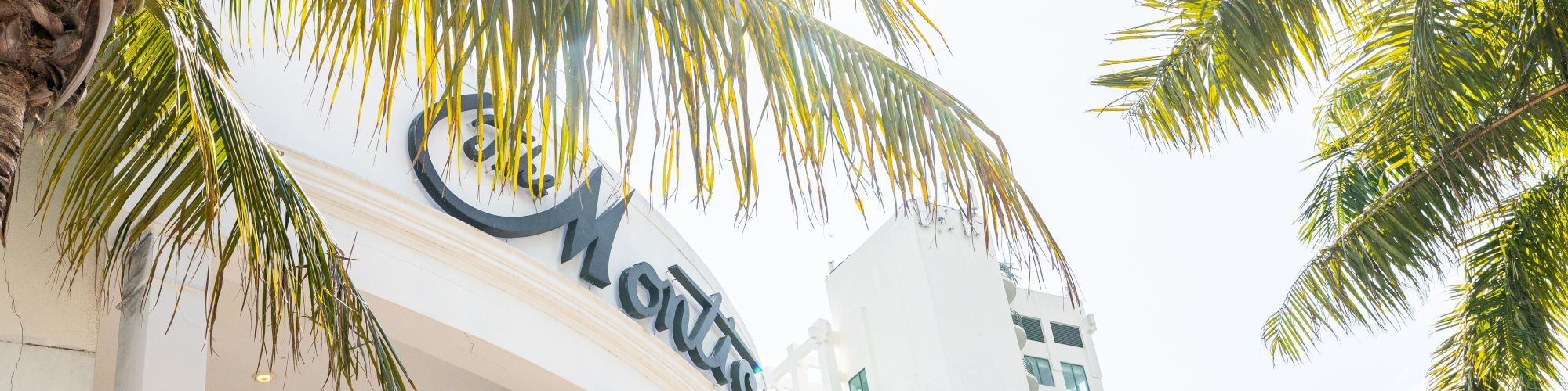 The image shows a white building with columns and a sign, surrounded by palm trees, under a bright sky.